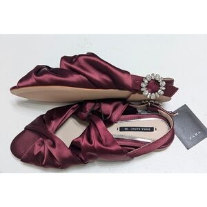 ZARA Flat satin sandals with bejewelled brooch buckle detail Women's Size 6